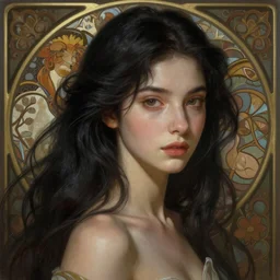 a beautiful girl with long black hair, fantasy, portrait, sharp focus, intricate, elegant, digital painting, artstation, matte, highly detailed, concept art, illustration, ambient lighting, art by ilya kuvshinov, artgerm, alphonse mucha, and Greg Rutkowski