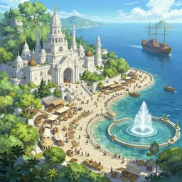A bustling trading port and market near the ocean in a beautiful elven city made of white marble, anime, lush trees, fountain, large boats, a fantasy digital painting by Greg Rutkowski and James Gurney, trending on Artstation, highly detailed