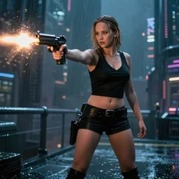 jennifer lawrence in a cyberpunk movie in a distopic futuristic city in the style of bladerunner, wearing a cropped v - neck black tank top, sexy black shorts and black boots, firing a gun, muzzle flash, movie still, highly detailed, rainy night, volumetric lights, studio lighting, intense, scifi, sharp focus