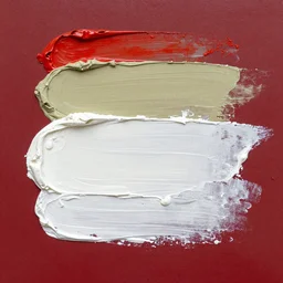 thick creamy impasto, white thick heavy brush marks on a dark red background, on top of this are pale olive impasto brush marks and on top of that vermillion brush marks - i