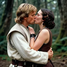 luke skywalker, princess leia and han solo hugging and kissing in the forest of endor at the end of return of the jedi, faster, more intense, dolby stereo
