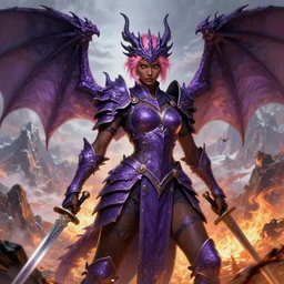 full portrait, solo character!, an alluring dragon hunter, female, intricate purple armor, dragon themed, ornamental, sprouting wings, dark brown skin, short pink hair, swords, battle pose, a background composed of mountains and fire and snow and flying small creatures behind!!!, boudoir!, epic, highly detailed, extremely detailed face, high fantasy, digital painting, by artgerm and greg rutkowski and alphonse mucha, artstation
