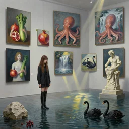 painting of a flooded art gallery with paintings on the wall, emo girl holding a courgette, pomegranates, octopus, waterfall, long black boots, stone sculpture by rodin, zen, rays of sunlight, black swans, berries, surrealist, by magritte and monet