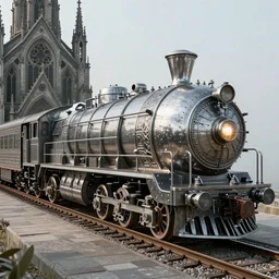 streamline train that looks like gothic cathedral church, warhammer emperium style, gothic locomotive, conic locomotive shaped,  arrow locomotive shape, armored streamline gothic train,gothic steel shape patterns, gothic rose windows and arcades elements on train, hybrid between gothic and streamline style, gothic steel pattern train wheel, gothic arcs, art Deco, retro, gothic locomotive streamline lantern,steel gothic streamline style, octane render