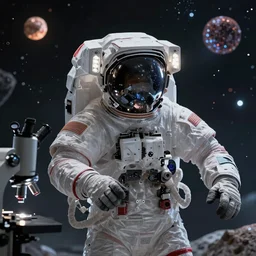 an epic portrait of an astronaut entering the micro realm of multiverse with atoms moving around him, cinematic lighting, under a microscope, trending on Artstation, highly detailed, insane details