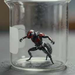 Macro photography, a tiny Ant-Man trapped inside a glass beaker, film still from 'The Avengers'