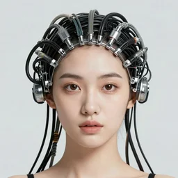 very beautiful woman integrating with technology, full face frontal centered, portrait, insipiring, detailed intricate ornate cables connected to head, big open electric eyes, luxurious detailed abundent wiring and implants, diamonds, sci-fi, neon, emeralds, detailed technology full background, highly detailed, artstation, Rene Lalique and Eddie Mendoza and Gil Elvgren