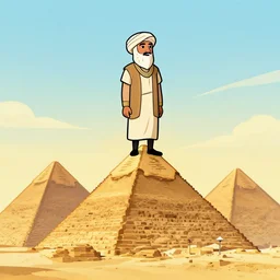 a man in a turban standing on the top of the pyramids in egypt, in cartoon style