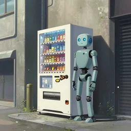 a lone vending machine robot in a street next to tall buildings, a matte painting by satoshi kon, cgsociety, context art, greeble, toonami, reimagined by industrial light and magic, ultra wide