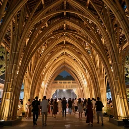 inside small pavilion made of bamboo. complex curved vaulting structure. a large crowd at a party. architectural photography. octane render, 4 k, 8 k. volumetric lighting.