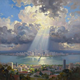 oil painting of a futuristic city near to a big lake, dramatic storm clouds, sunrays, dramatic, very very very beautiful art, cinematic lighting, romanticism by goya, bright pastel color, blue sky