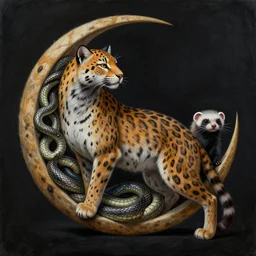 a detailed painting of a magick polecat occult effigy beautiful lynx fur that is a crescent shaped leopard atomic latent snakes in between autobiological cybernetic ferret resurgence of snake phonkadelic ferret in the style of escher, alex grey, kubrick inspired by realism, symbolism, magical realism and dark fantasy, clear, crisp,