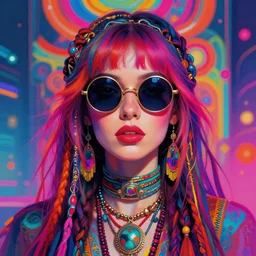 colorful portrait of a female hippie with circle sunglasses, set in the future 2 1 5 0 | highly detailed | very intricate | symmetrical | professional model | cinematic lighting | award - winning | painted by mandy jurgens and ross tran | pan futurism, dystopian, bold psychedelic colors, cyberpunk, groovy vibe, anime aesthestic | featured on artstation