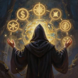 an epic painting of the wizard in the hood, surrounded by glowing symbols making hand passes to create new world, back view, fantasy background, mystic, mysterious, oil on canvas, perfect composition, golden ratio, beautiful detailed, photorealistic, digital painting, concept art, smooth, sharp focus, illustration, artstation trending, octane render, unreal engine