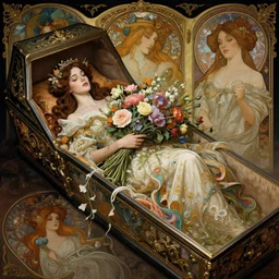 portrait of a beautiful mysterious woman holding a large bouquet of flowing flowers, lying in an elaborate coffin, fantasy, regal, intricate, by stanley artgerm lau, greg rutkowski, thomas kindkade, alphonse mucha, loish, norman rockwell