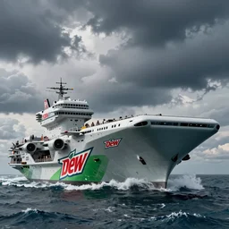 a futuristic mountain dew branded aircraft carrier with green and red mountain dew logo, dramatic clouds, choppy waters, sharp focus, cinematic, moody, imax