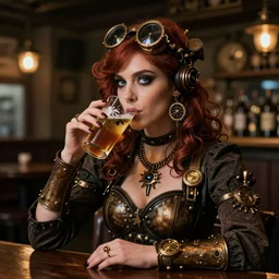 digital clockwork woman drinking in a pub, steampunk style,