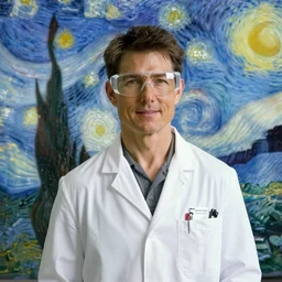 Tom Cruise in white lab coat and safety glasses by Van Gogh