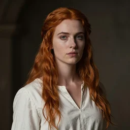 a portrait of a white woman in her twenties, she has long orange brown hair, wearing a white shirt, medieval, style by donato giancola, wayne reynolds, jeff easley dramatic light, high detail, cinematic lighting, artstation, dungeons and dragons