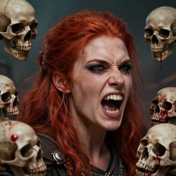 still from 3 0 0 of a head and shoulders action photo, human female barbarian, red hair, frenzy, blood and skulls, d & d, high fantasy, facial detail, extremely detailed