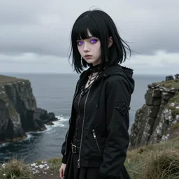 1 7 - year - old pale - skinned persian girl with black long bob cut, black gothic jacket, purple eyes, psychic girl, standing on cliff along the irish coast, overcast gray skies, anime, anime hd, octane render