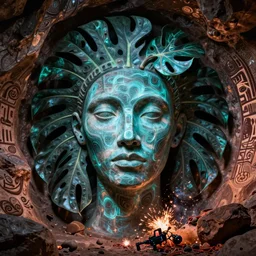 Electroluminescent serene intense beauty Jansson, Caravaggio, somber, Paik Octane render Photogram Daguerrotype Ambrotype Taha Hussein by monstera, symmetrical face, Rock Art Cave exploded into chaos realistic 4k