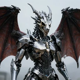 cyborg with a metallic dragon skull for a head with giant demon wings
