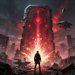 a human standing front of a huge towering and broken stone tablet with red light + alien pattern + an abandoned spaceship, stands in the center of a prosperous city at the end of the world, and the power and energy is explode, secret, mysterious, doomsday, landscape, 1 5 mm lens, video game control, quantum break, arknights,