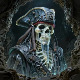 photo of a translucent skeletal pirate ghost portrait in a grotto, photorealistic, dark, atmospheric lighting, painted, intricate, ultra detailed, well composed, best on artstation, cgsociety, epic, stunning, gorgeous, intricate detail, wow, masterpiece