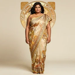 hyper-realistic detailed full body portrait of attractive overweight, plus-sized Mindy Kaling in Sari by Alphonse Mucha, Ayami Kojima, Amano, Charlie Bowater, Karol Bak, Greg Hildebrandt, Jean Delville, and Mark Brooks, Art Nouveau, Neo-Gothic, gothic, rich deep colors