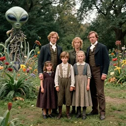 sharp, highly detailed, 9216k film, 35000mm film still from a sci fi blockbuster color movie made in 2019, set in 1860, of a family standing in a park, next to some strange alien plants and flowers, on an alien planet, the family are all wearing 1860s era clothes, good lighting, enhanced faces, atmospheric, 350mm f/1.4L lens