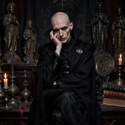 night portrait f / 1. 4 of a neurotic forty two year old british man vampire thin features feeling confidant in a dark cluttered room full of ancient artifacts ( ( ( bald ) ) ) dark dusty statues runes arcane instruments candlesticks drapery ritual bloody knife books atmospheric hdr