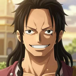 a smiling male anime protagonist, with a beauty mark under his left eye, long dark hair, pony tail, symmetrical facial features, from one piece, hyper realistic, 8 k, interesting composition, creative color choice, detailed drawing, trending on artstation, hd, realistic lighting, by eiichiro oda, shoulder eyes, backlit golden hour