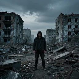 one survivor in the middle of the ruins of cyberpunk moscow after the bombing, a minimum of surviving houses, a dim sky, a dead city