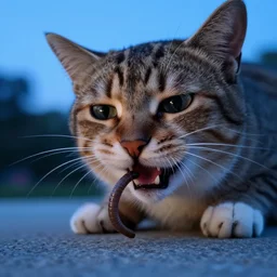 cat biting a worm, low angle, blue hour, macro shot,