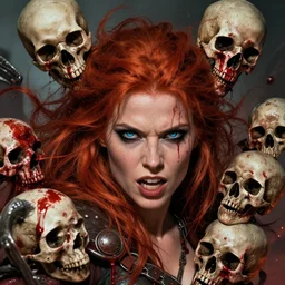 still from 3 0 0 of a head and shoulders action photo, human female barbarian, red hair, frenzy, blood and skulls, d & d, high fantasy, by alex ross, facial detail, extremely detailed, comic book cover photo