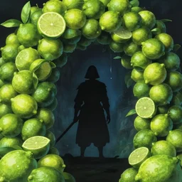 lovecraftian horror made of limes!!!!!!!!!!!!!!!!!!!!!!!!!!!!!!!!!!!!!!!!!!, arched over a silhouetted warrior, 4 k, high details, vivid atmospheric lighting, by makoto shinkai, studio ghibli,