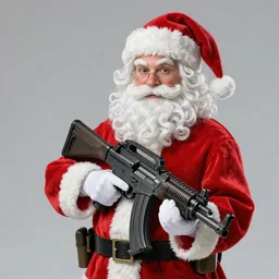 concept of a jolly Santa Claus holding a M61 Vulcan machine gun and wearing an army harness vest full of pouches, full body concept in the style of Norman Rockwell and Simon Bisley