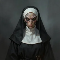 portrait of an angry reptilian nun, detailed, centered, digital painting, artstation, concept art, by donato giancola, Sean Yoro, Greg Rutkowski, trending on Artstation, Joseph Christian Leyendecker, WLOP, Boris Vallejo, dark, moody, foggy
