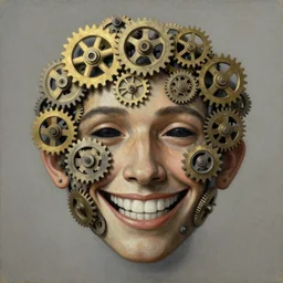 surrealist painting of a smiling face made out of gears and cogs, smiling face, happy face, by Rene Magritte, high quality, pleasing