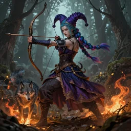 a dungeons and dragons illustration of a badass psychic warrior jester woman with elegant long colorful festival braids wearing an odd elven gown and accompanied by a firewolf in the middle of a forest while she readies her bow for battle
