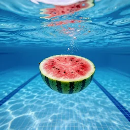 a wide view under water in a big swimming pool of a watermelon floating on the surface