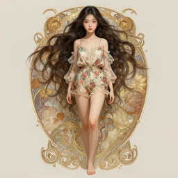 cute hapa woman with a beautiful face and eyes, long hair, wearing a flowery romper, long legs, fantasy, intricate, full body shot, sexy, highly detailed, digital painting, artstation, concept art, wallpaper, smooth, sharp focus, realistic photo by artgerm and greg rutkowski and alphonse mucha