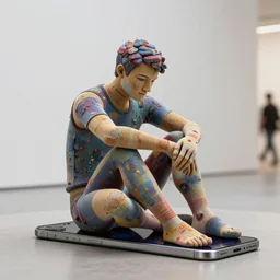 stunning intriguing sculpture of man sitting on the floor with an iphone, composed of tiny colorful details, hyperdetailed, contemporary masterpiece, in clean minimal style museum, deep focus, striking, iphone, iphone, iphone
