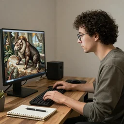 a mongoose with glasses working on a pc, a notebook on the desktop, renaissance painting