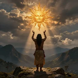 a incan shaman doing a prayer to the sun on a mountain with arms up, matte painting, fantasy art
