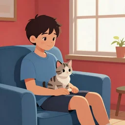 A kitten sitting on a boy's lap , who is sitting in a blue couch in a red room , while a large window lets light in,digital art