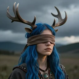 A young female shaman, blue hair and antlers on her head, blindfolded, heilung, in the style of Heather Theurer, headshot photoshoot, artstation, made by karol bak