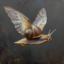 snail with wings and feathers, in flight, oil painting, artstation, dramatic lighting, symmetry, beautiful