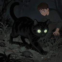 A cat with glowing eyes stalking its prey in darkness by Simon Stålenhag and Thomas Kinkade and Greg Rutkowski, trending on artstation, 4k